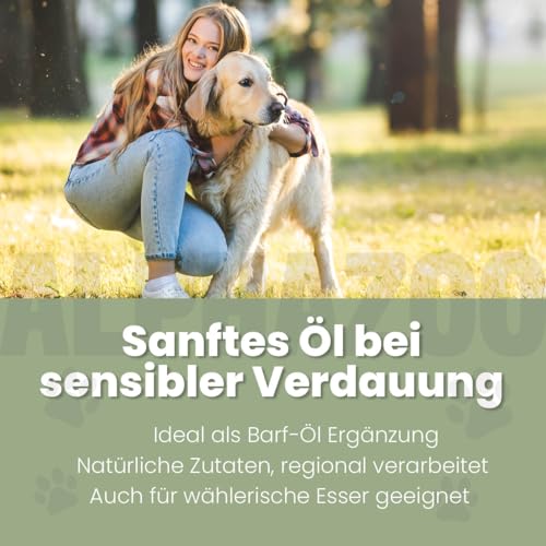 alphazoo Pupsbremse Futteröl für Hunde 100 ml – aus Lein-, Hanf- & Kürbiskernöl. Reich an ungesättigten Fettsäuren & leicht dosierbar. Unterstützt sanft Verdauung, Magen-Darm-Balance & Wohlbefinden.