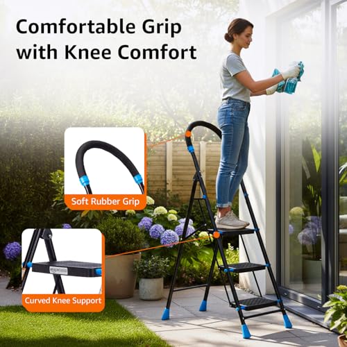 Image of Amazon Basics Curvo-Foldable Step Ladder, Ribbed Steps, Knee Guard, Non-Marring PVC Shoes, 3 Steps (Black & Blue)