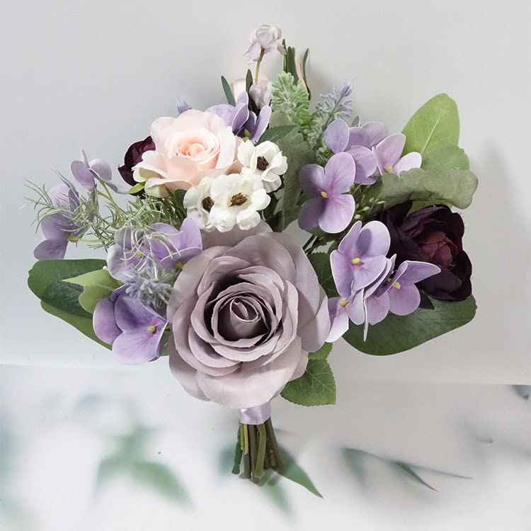 Fioletowy bukiet ślubny panny młodej druhny jedwabna wstążka róże sztuczne kwiaty trzymające panna młoda Mariage akcesoria ślubne dobrodziejstw (Color : Small style bouquet)