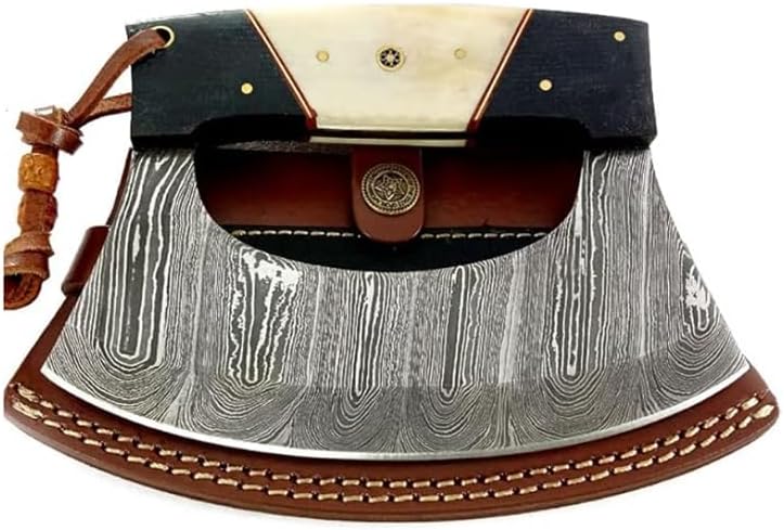 Damascus Steel Alaska Rocker Ulu Knife - Fixed Blade knife for Chopping Boning Slicing Pizza Cutter with Leather Sheath. SM149