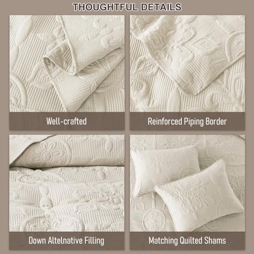 Light Beige Damask Quilt King Size Bedding Sets with 2 Pillow Shams, Boho Bedspread Lightweight Soft Farmhouse Vintage Bohemian Coverlet Retro Jacquard Pattern Bed Cover for All Season, 3 Pieces by B2EVER - Used condition - Image 6