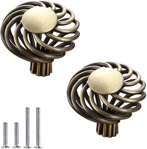 Paquete de 2 pomos de gabinete de jaula de pájaros, de metal de bronce, ovalados, para armarios de cocina, perillas retro para gabinete, perilla de