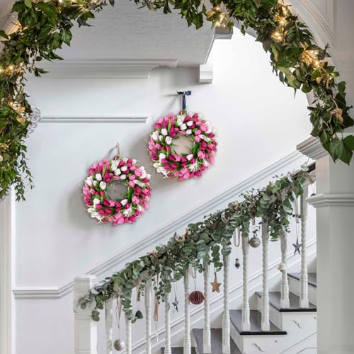 U'Artlines 20 Inch Tulip Wreath for Front Door, Spring Summer Silk Wreath with Green Leaves Artificial Tulip Flower Wreaths for All Seasons Window Wall Wedding Valentines Day Decor — view 6