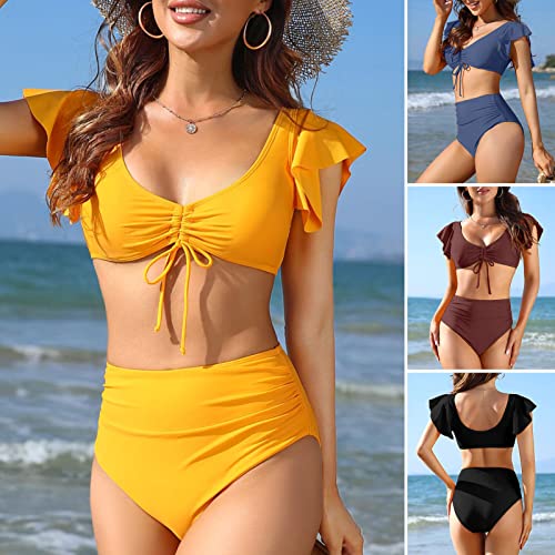 Henniu Maiô feminino duas peças com babados e cordão conjunto de biquíni cintura alta maiôs roupas d