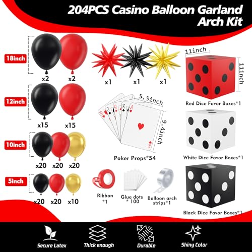 Image of 204Pcs Casino Balloon Garland Arch Kit - Casino Theme Party Decorations with Dice Boxes Large Poker Cards Party Balloons for Birthday Game Night Las Vegas Casino Night Theme Party Decorations