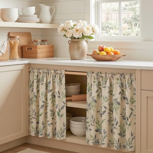 Image of MYSKY HOME Linen Tier Patterned Curtains Over Sink 36 Inch Long Set of 2 Light Filtering Privacy Half Window Curtains with Rod Pocket for Kitchen, Cabinet, Basement, Camper, Green, 30 inch W Each Panel