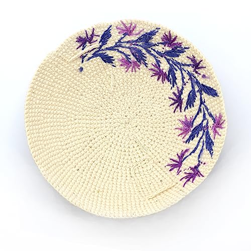 Cream & Lavender Purple Flowers Crochet & Embroidered Womans Kippah - Ladies Yarmulke2