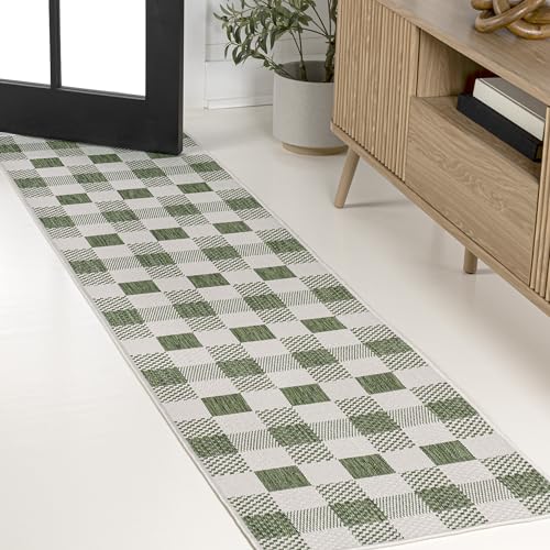 JONATHAN Y Geometric Bold Gingham Indoor Outdoor Runner Rug 2X8 Green/Cream, Darcy Traditional for Backyard, Patio, Porch, Easy-Cleaning, High Traffic, Pet-Friendly, Non-Shedding (TSN201E-28)
