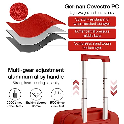 mixi Carry on Luggage, Suitcase with Spinner Wheels 16in Luggage Hardshell Lightweight Rolling Suitcases PC with Cover & TSA Lock, Red