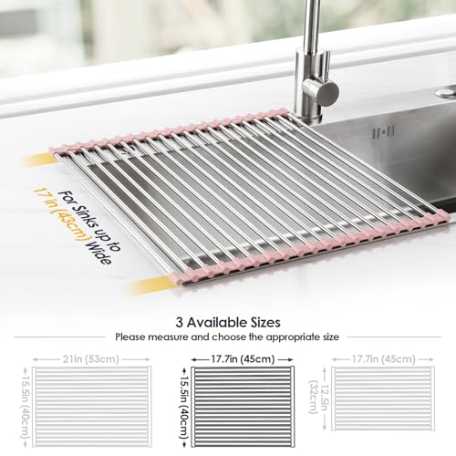 Tomorotec 17.7" x 15.5" Roll Up Dish Drying Rack Over Sink Drying Rack Sink Cover Kitchen Sink Accessories Gadget Multipurpose Organizer Foldable Stainless Steel Drainer