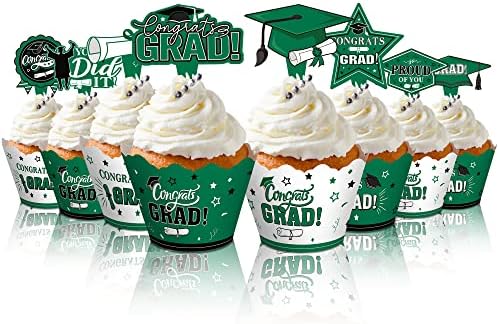96 Pieces 2023 Graduation Cupcake Toppers Wrappers Cake Decorations 2023 Congrats Grad Cake Topper and Wrapper Graduation Party Supplies Decoration Cupcake Liners (Green)