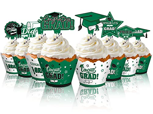 96 Pieces 2023 Graduation Cupcake Toppers Wrappers Cake Decorations 2023 Congrats Grad Cake Topper And Wrapper Graduation Party Supplies Decoration Cupcake Liners (Green) #TOP9