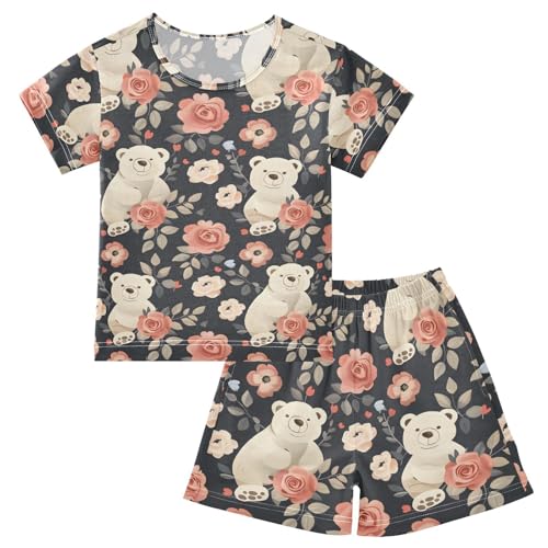 ALAZA Bear Rose Flower Floral Pajamas Short Sleeve 2 Piece Sleepwear Top and Bottom Pajama Set Unisex