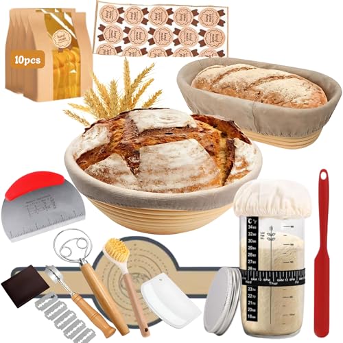 Banneton Bread Proofing Basket Set for Dough rising 9 Round and 10 Oval Rattan Handmade Eco-Friendly Baskets Liner Scrapers Large Mat Lame Stencils Brush- Best Gift for Baking (SET 2)