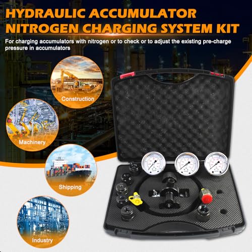 Image of Hydraulic Nitrogen Accumulator Charging Kit, Pressure Test System, Gas Charge Tools with 3 Pressure Gauges 7 Couplings Gas Hose Main Valve, 100 /250 /400 Bar, 1500 /4000 /6000PSI