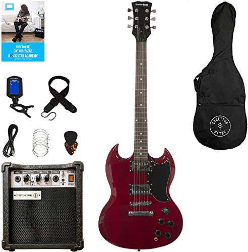 Stretton Payne SG - Guitarra eléctrica con amplificador de práctica, bolsa acolchada, correa, plomo, púa, afinador, cuerdas de repuesto, color rojo vino