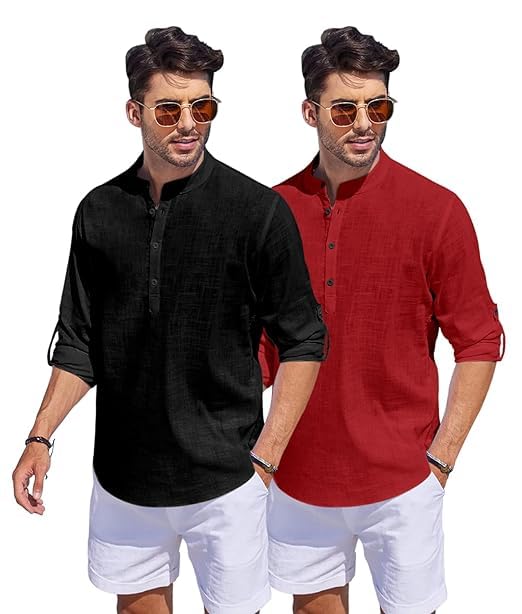 Image of Men's Cotton Blend Straight Kurta Shirt Combo with Mandarin Collar - Slim Fit Casual Short Kurti Set Featuring Textured Slub Fabric and Roll-Up Full Sleeves
