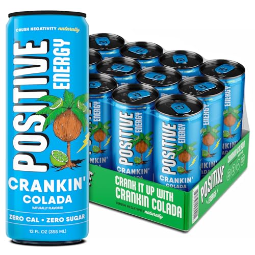 Positive Energy Drink - Crankin' Colada | Zero Sugar, Zero Calorie, 12oz Cans (Pack of 12) | Hydrating Electrolytes, Immunity Support with Zinc, Healthy Energy Boost
