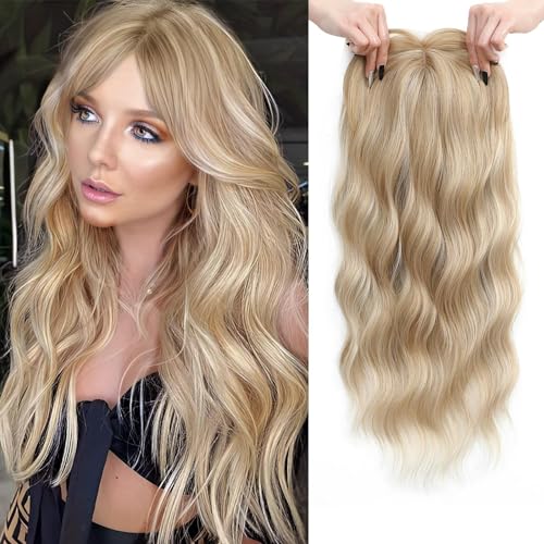FINE PLUS Hair Topper 6.5"X6.5" Hair Toppers For Thinning Hair Women 20" Wiglets Ladies Clip in Fringe Toppers Hair Pieces For Women- Champagne Blonde with Highlights