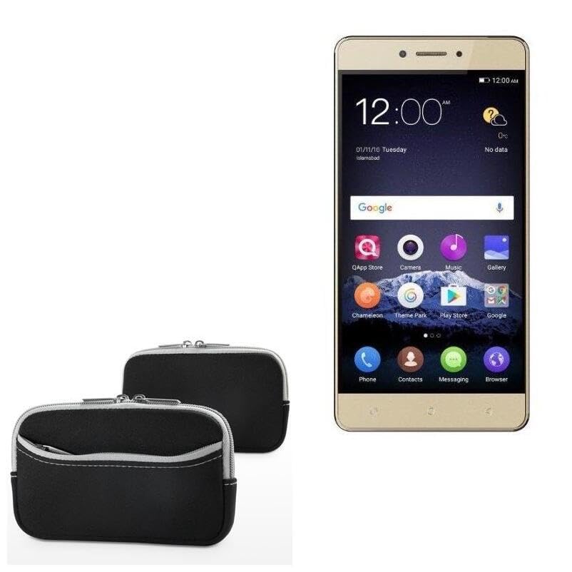 BoxWave Case Compatible with QMobile King Kong Max - SoftSuit with Pocket, Soft Pouch Neoprene Cover Sleeve Zipper Pocket - Jet Black with Grey Trim