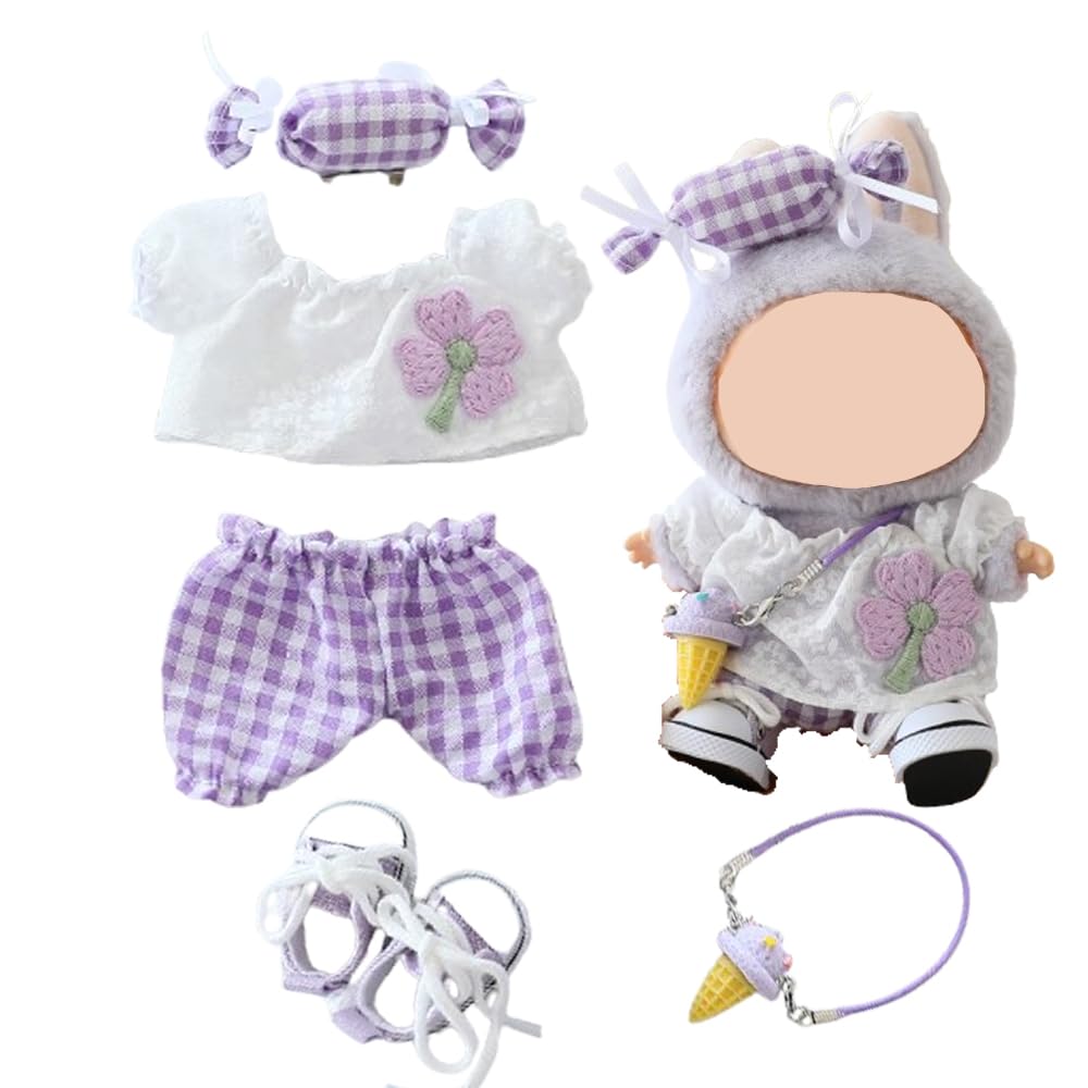 Clothes for Labubu Doll,Clothes for Dolls Accessories,Four-Leaf Clover Candy Summer Replacement Outfit Set 5 Pieces Suitable for Labubu 15&17cm ,