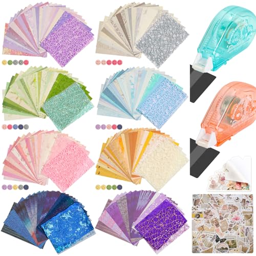 Emquito 8 Pack Textured Scrapbook Paper and Mesh Fabric Set,200 Sheets Scrapbook Supplies with Scrapbooking Paper,Scrapbook Tape and Stickers for Planner Bullet Junk Journal 5.5x3.9 Inch