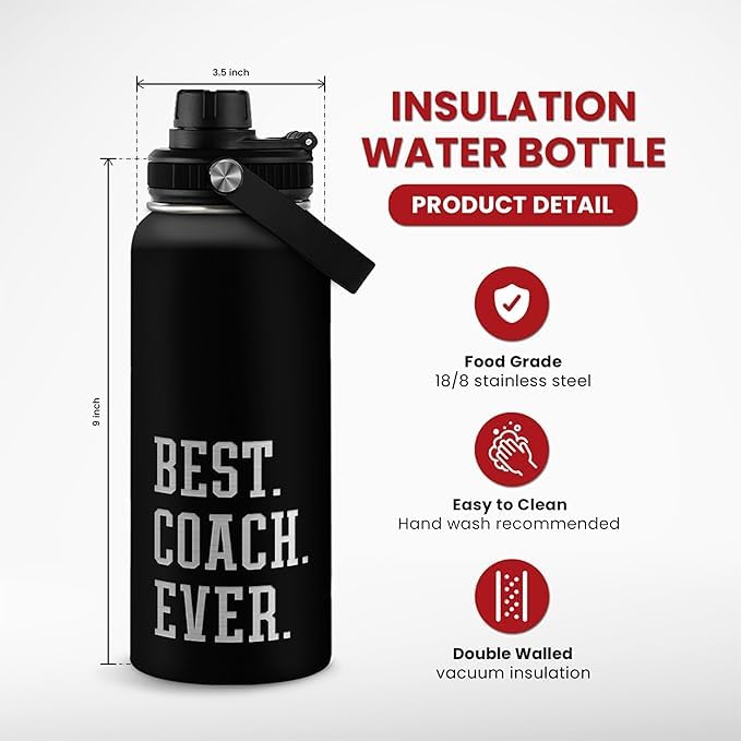 Image of SANDJEST Sport Coach Insulated Engraved Stainless Steel Water Bottle 32oz, Best Coach Ever, Vacuum Chug Lid Travel Tumbler For Men Friends Coaches, Birthday Christmas