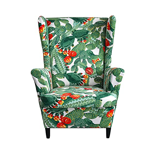 PENDEJATO Wingback Chair Covers, 2 Piece Printed Wing Chair Slipcovers Stretch Spandex Armchair Covers with Elastic Bottom for Living Room Bedroom (Cactus)