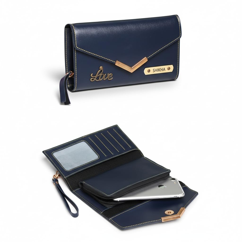 Personalized Leather Women's Clutch Wallet with Custom Name and Charm, Premium Vegan Leather, Multiple Card Slots, Compact Design, Gift for Wife, Mother, Sister, Girlfriend (Blue)-image-21