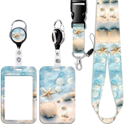 Beach Cruise Ship Card Badge Holder Lanyard with Retractable Badge Reel Clip Cute Keychain for Women Teens Teachers Kids Nurses for ID Badge Keys School ID Holder Reel Lanyard, Breakaway (Shell)