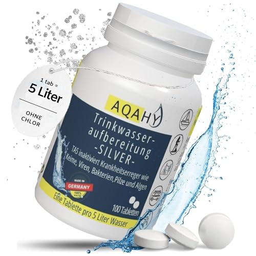 AQAHY Tratamiento de agua potable Silver 'sin cloro' – inactiva gérmenes, virus y bacterias – iones de plata para agua potable segura | camping, autocaravana, exterior (pastillas Silver – 100 unidades