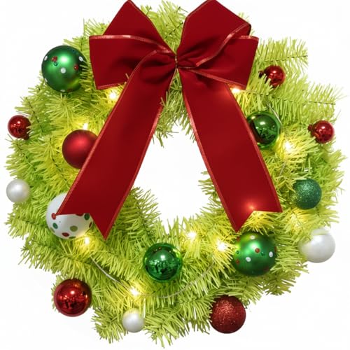 Suncalla 20 Inch Red and Green Christmas Front Door Wreath Decorations with Red Ribbon Bows Lime Green Christmas Wreath Dots Ornaments Whimsical Xmas Movie Gift for Window Wall Fireplace Mantel Porch