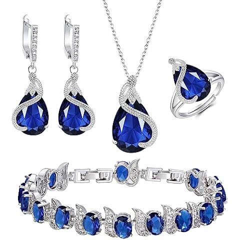 EVER FAITH Wedding Bridal Jewelry Sets for Bride Bridesmaid, Sapphire Birthstone Cubic Zirconia Pendant Necklace Earrings Tennis Bracelet Ring Set for Valentine's Day/Mother's Day Blue Silver-Tone Cover