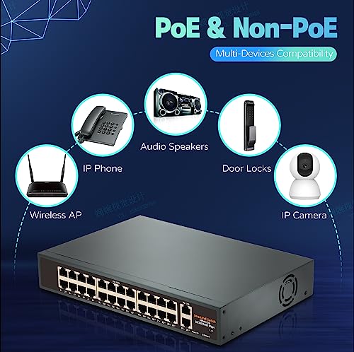 Image of 24-Port Unmanaged Gigabit PoE+ Switch with 2 Gigabit Uplink Ports, Up to 400W, IEEE 802.3af /at Compliant, VLAN Support, 250M Extend, Desktop /Wall Mount, Plug and Play Metal Network Switch