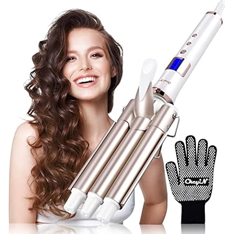 CkeyiN 3 Barrel Hair Waver, Curling Iron with LCD 16 Temperature Control Displays, Professional Ceramic Tourmaline Curling Wand, 22mm Hair Crimpers with 1 Heat Resistant Glove for All Hair Types Cover