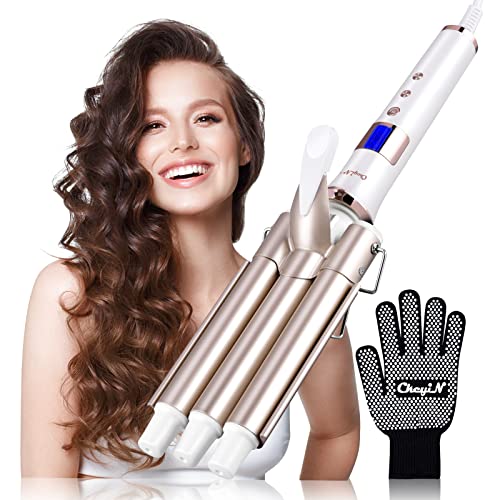 CkeyiN 3 Barrel Hair Waver, Curling Iron with LCD 16 Temperature Control Displays, Professional Ceramic Tourmaline Curling Wand, 22mm Hair Crimpers with 1 Heat Resistant Glove for All Hair Types