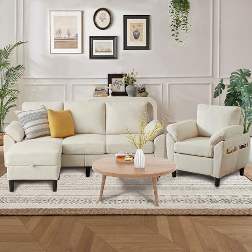 Image of 3 Pieces Corduroy Sofa Set for Living Room with Sofa, Storage Ottoman and Single Chair