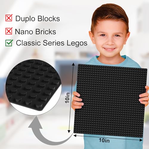 Image of Pokiiulk Classic Baseplates, Peel and Stick Base Plates for Building Bricks, Compatible with Major Brands, Self-Adhersive Base for Bricks 10 inch x 10 inch, 6 Pack Black