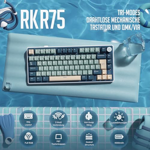 RK ROYAL KLUDGE R75 Mechanische Tastatur Kabellos 75% Blau Creamy Switches – Ansicht 2