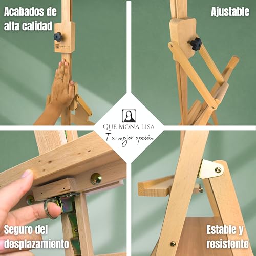 Miniatura 8 de Qml Caballete Pintura Profesional Monet Con Cajón Para Pinturas Altura Ajustable Para Lienzos Grandes Caballete De Madera De Haya Para Pintar, Fácil De Montar Para Adultos, Niños