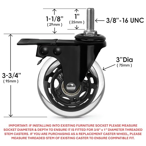 Slipstick CB693 Premium 76mm Rubber Caster Wheels with Brake (4 Pack) Replacement Rollerblade Style Swivel Casters with 3/8"– 16x1” Threaded Stem, Includes Mounting Hardware, Black/Clear Castor