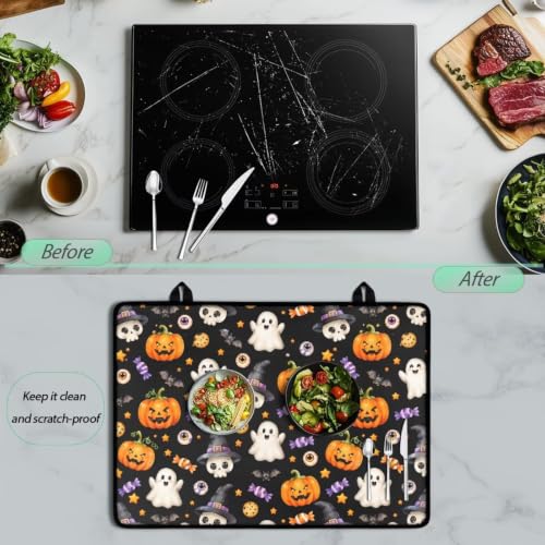 Image of Electric Stove Top Covers Heat Resistant Glass Ceramic Cooktop Cover Mat, Halloween 2026 Kitchen Decor Scratch Resistant Flat Top Stove Cover, 29 x 21 Inch, Ghost Pumpkin Skull Candy Print