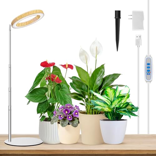 Image of Aokrean Grow Light, Full Spectrum 6.3in Halo Growing Lamp with Metal Base | 80 LEDs Wood Grain 1-Pack, 2 Installation Ways, 9.8-37.4 in Height Adjustable, 3 Lighting Modes, 6 /12 /16Hrs, 5 Brightness