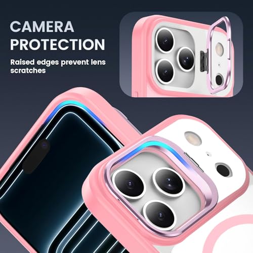 Image of VONZEE Clear Camera Kickstand Case for iPhone 17 Pro Max, Built-in Adjustable Camera Stand, Clear Magnetic Mag-Safe Shockproof Classic Series Phone Cover (Pink)