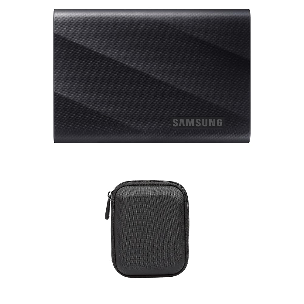 Samsung Portable SSD T9, 1 TB, 2.000 MB/s Lesen, 1.950 MB/s Schreiben, USB 3.2 Gen.2x2, PC, Smartphone und 12K Kameras, MU-PG1T0B/EU + Amazon Basics Festplattentasche, schwarz