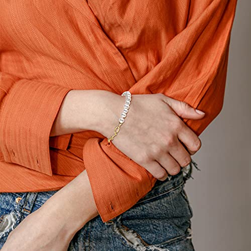Cowlyn Paperclip Pearl Bracelet Baroque Pearl Link Adjustable Chain 14K Gold Delicate Pearls Tiny Charm Dainty Vintage Jewelry Handmade For Women Girls #TOP1
