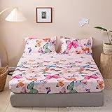 Kids Bed Sheet Set King Girls Teens Pink Butterfly Bedding Set Decorative Microfiber Polyester Animal Fitted Sheet for Children Bedroom Soft Bed Cover with 2 Pillow Case, Flat Sheet not Included