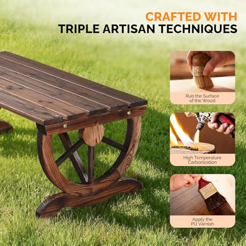 Image of VINGLI Rustic Wooden Wheel Bench Outdoor Bench, Patio Bench Wagon Slatted Seat, Garden Benches for Outdoors 350lbs High Capacity, Weather Resistance (Rustic, 38in)