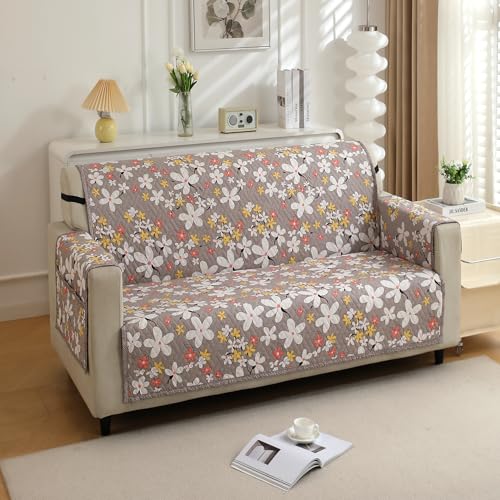 HOKIPO 'HomeHues Series' Quilted Printed Sofa Cover with Pockets for 2 Seater, Pastel Brown Sandwort Flower (IN-812-D1)