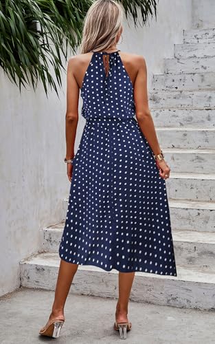Image of ECOWISH Polka Dot Women Summer Dresses Casual Midi A Line Ruffle High Low Sleeveless Boho Floral Halterneck Cocktail Sundress